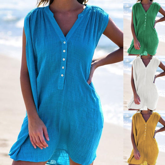 Casual Beach Dress Button Detail