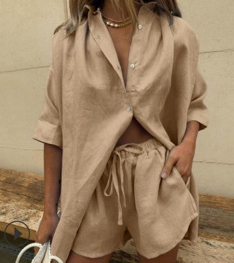 Linen Pajama Set Loose Fit Top & Shorts