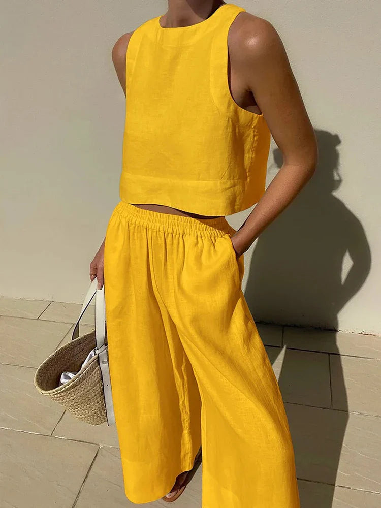 Linen Top & Wide-Leg Trousers Set