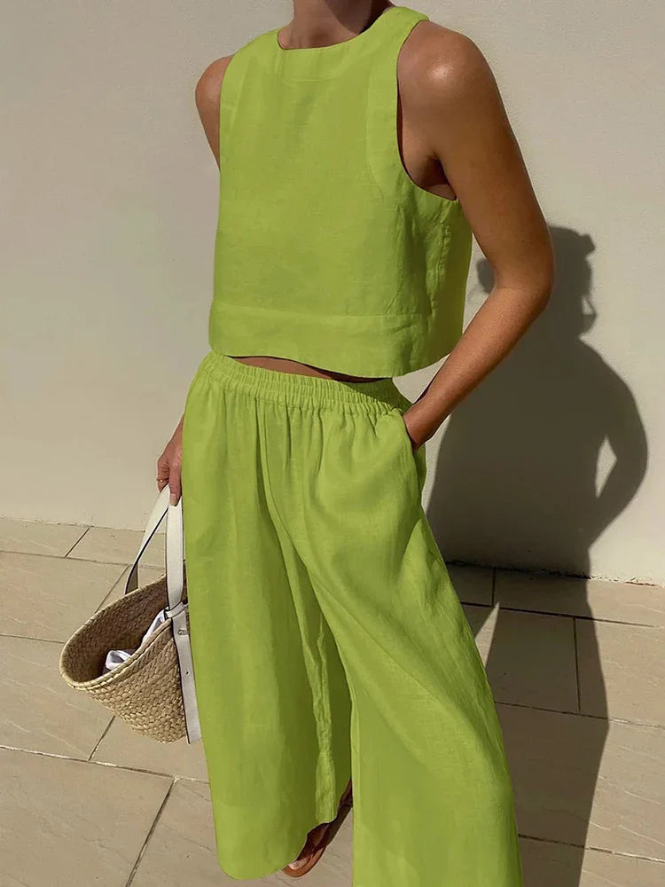 Linen Top & Wide-Leg Trousers Set