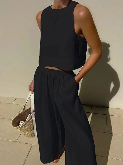 Linen Top & Wide-Leg Trousers Set