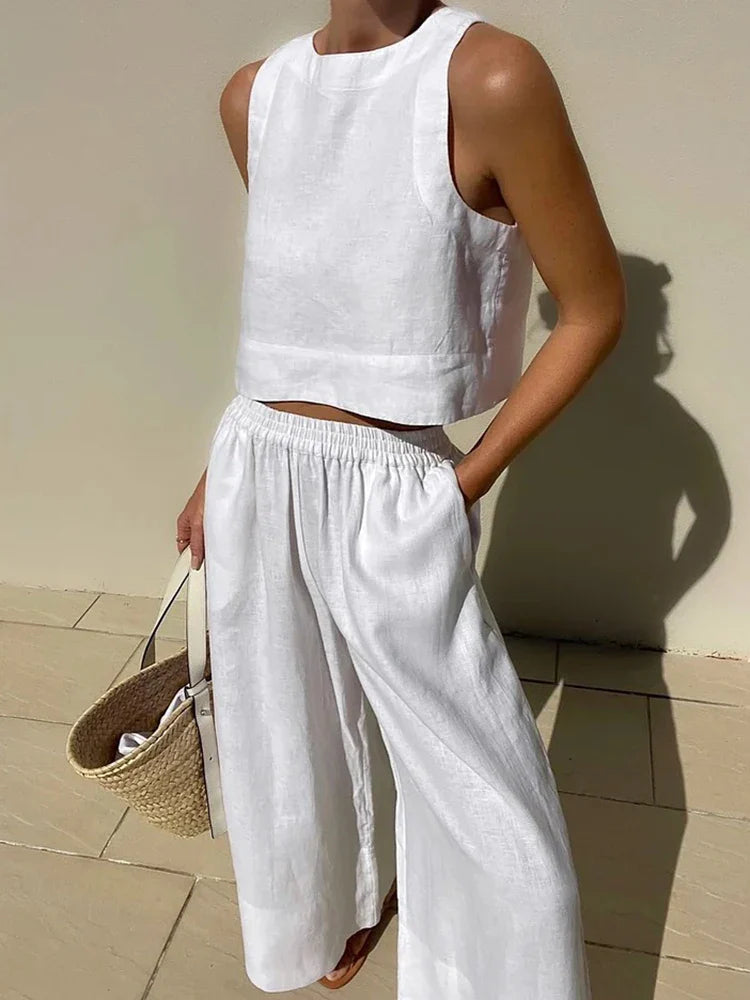 Linen Top & Wide-Leg Trousers Set