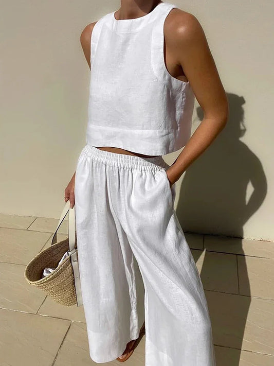 Linen Top & Wide-Leg Trousers Set