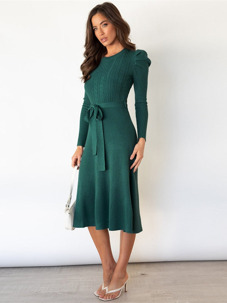 Cable Knit Puff Sleeve Dress